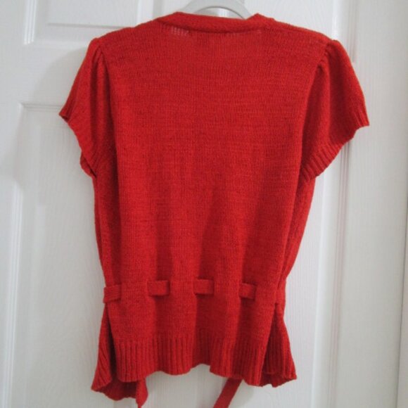 AUGUST SILK Red/Orange Belted Ribbed Knit Short Sleeve Cardigan XL - Picture 3 of 4